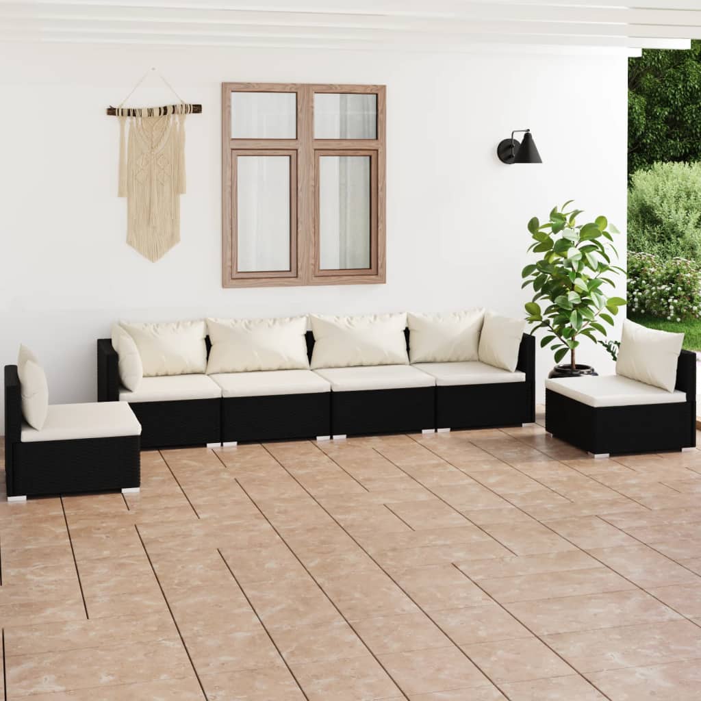 6-delige Loungeset met kussens poly rattan zwart