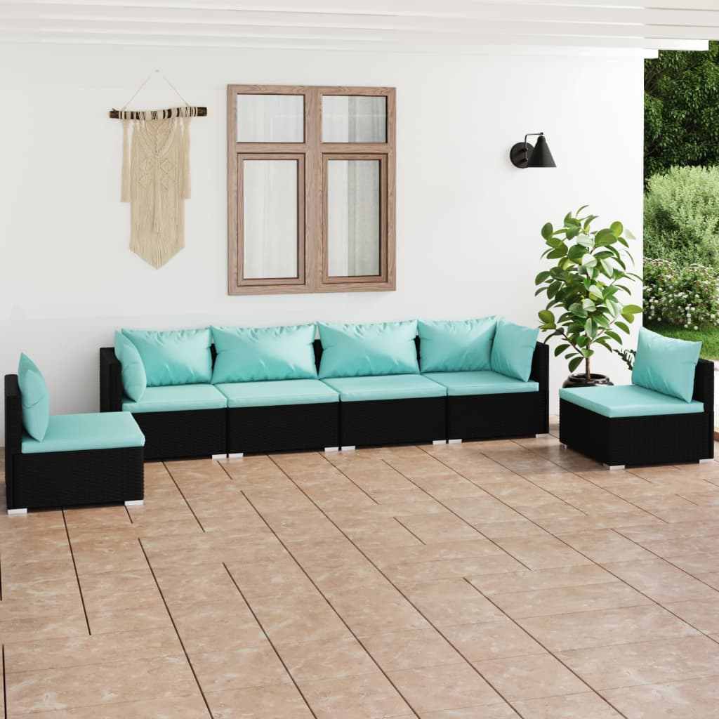 6-delige Loungeset met kussens poly rattan zwart