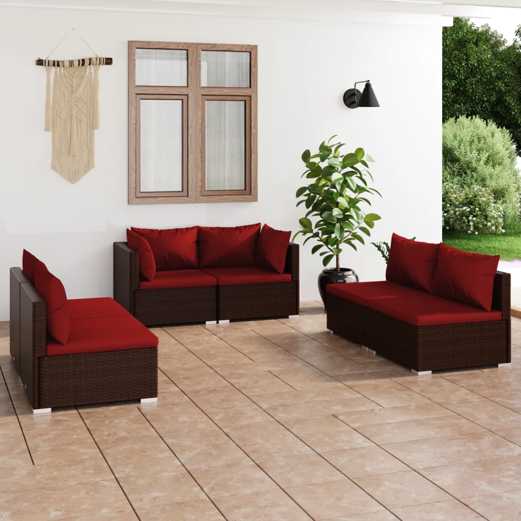 6-delige Loungeset met kussens poly rattan bruin – afbeelding 1
