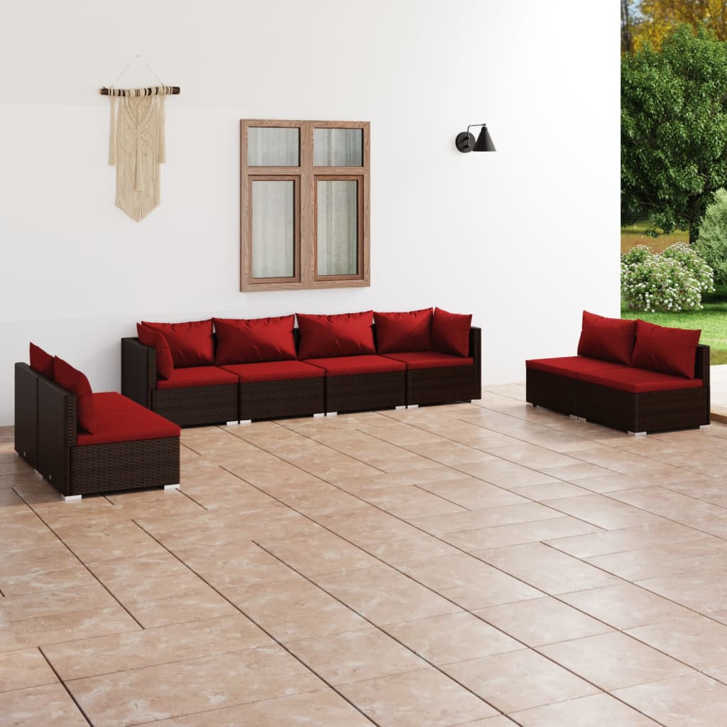 8-delige Loungeset met kussens poly rattan bruin – afbeelding 1
