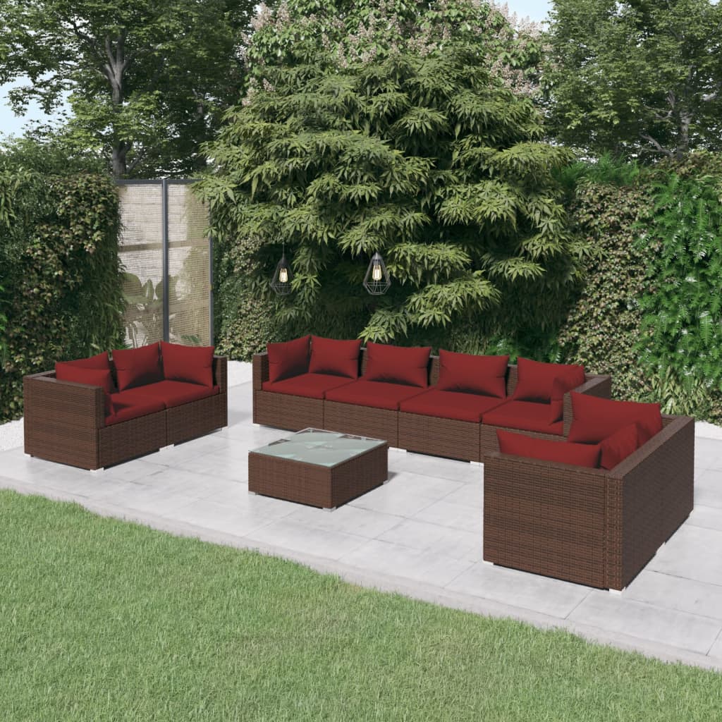 9-delige Loungeset met kussens poly rattan bruin