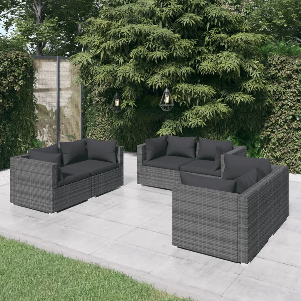 6-delige Loungeset met kussens poly rattan grijs – afbeelding 1