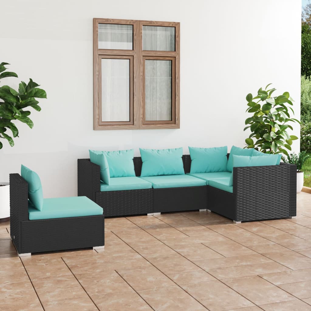 5-delige Loungeset met kussens poly rattan zwart – afbeelding 1