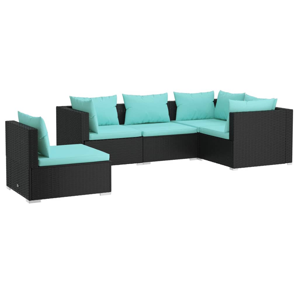 5-delige Loungeset met kussens poly rattan zwart – afbeelding 2