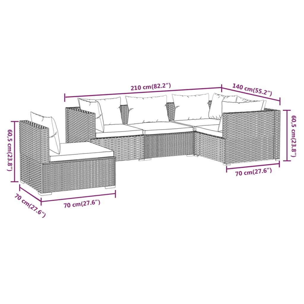 5-delige Loungeset met kussens poly rattan zwart – afbeelding 7