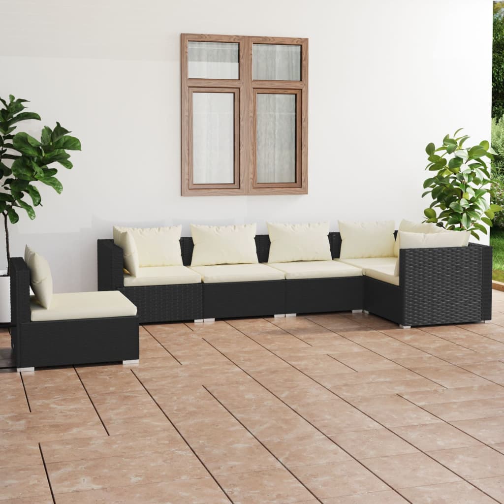 6-delige Loungeset met kussens poly rattan zwart – afbeelding 1
