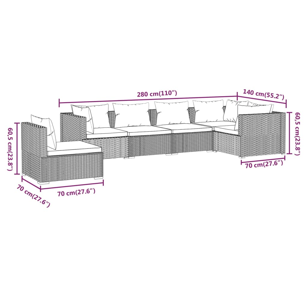 6-delige Loungeset met kussens poly rattan zwart – afbeelding 7