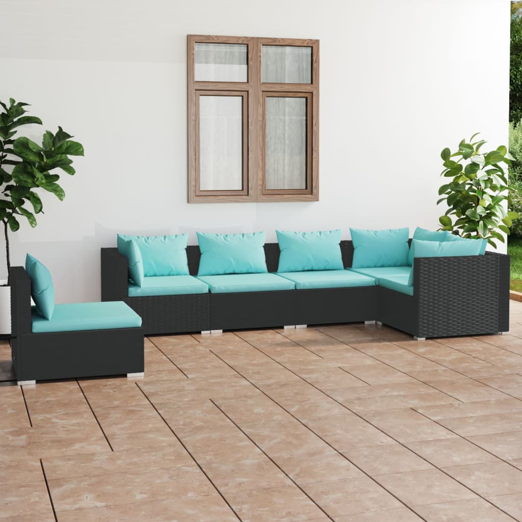 6-delige Loungeset met kussens poly rattan zwart – afbeelding 1