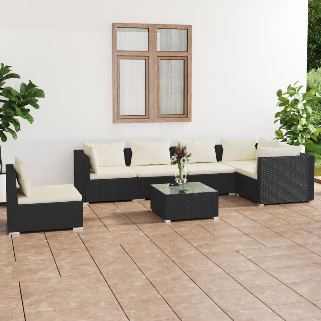 7-delige Loungeset met kussens poly rattan zwart – afbeelding 1