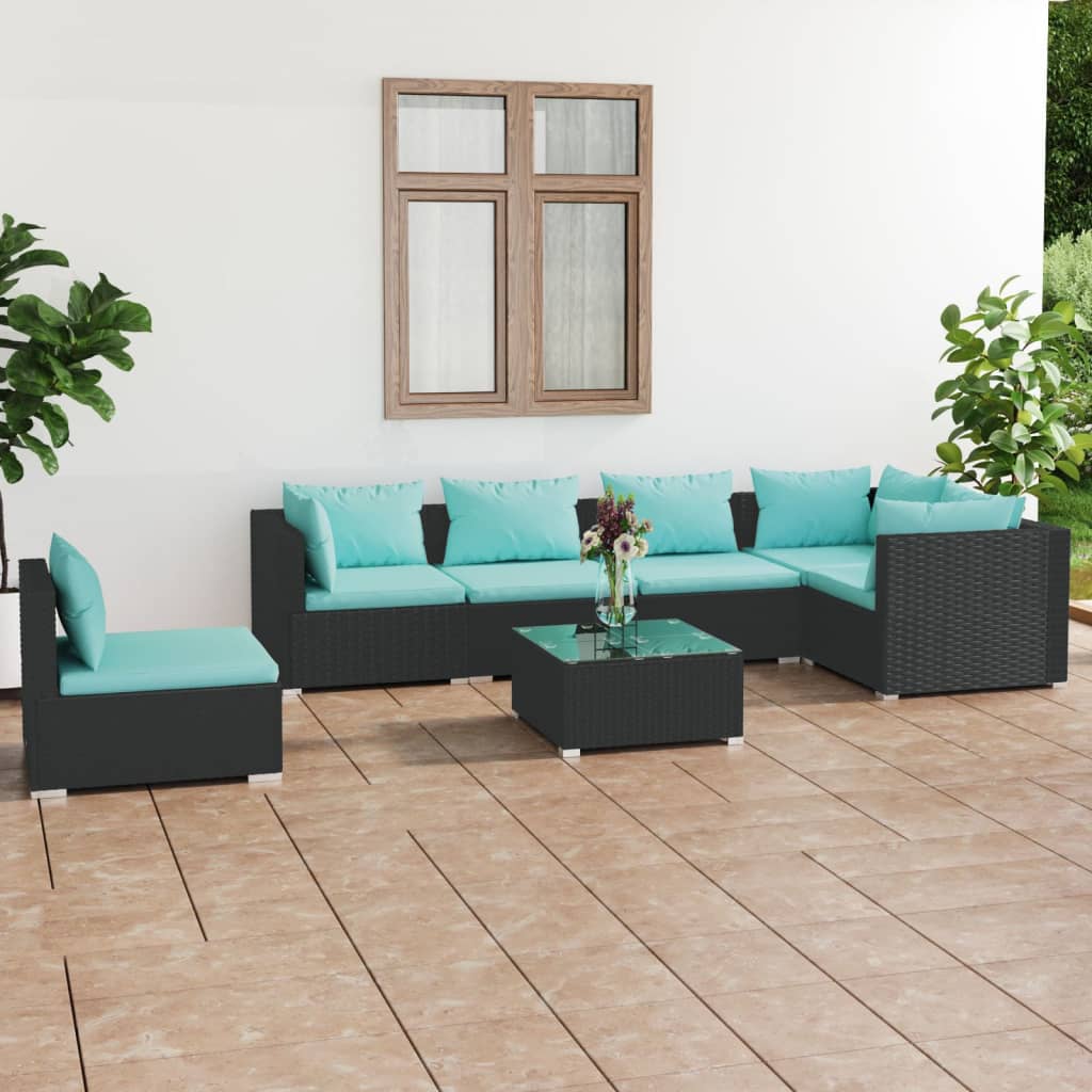7-delige Loungeset met kussens poly rattan zwart – afbeelding 1