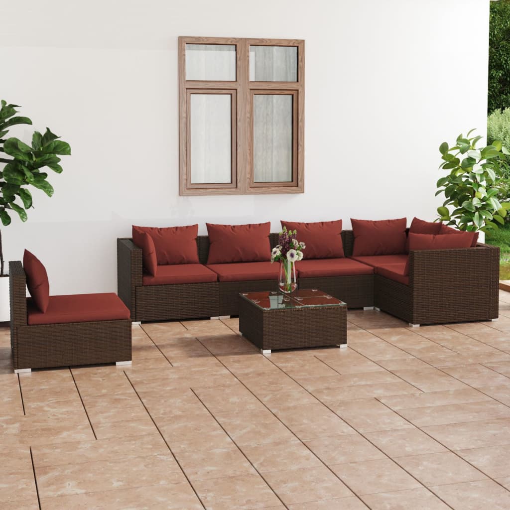 7-delige Loungeset met kussens poly rattan bruin – afbeelding 1