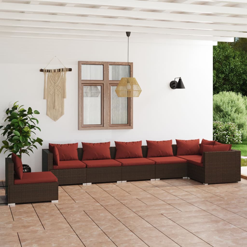 7-delige Loungeset met kussens poly rattan bruin – afbeelding 1