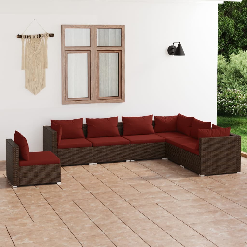 7-delige Loungeset met kussens poly rattan bruin – afbeelding 1