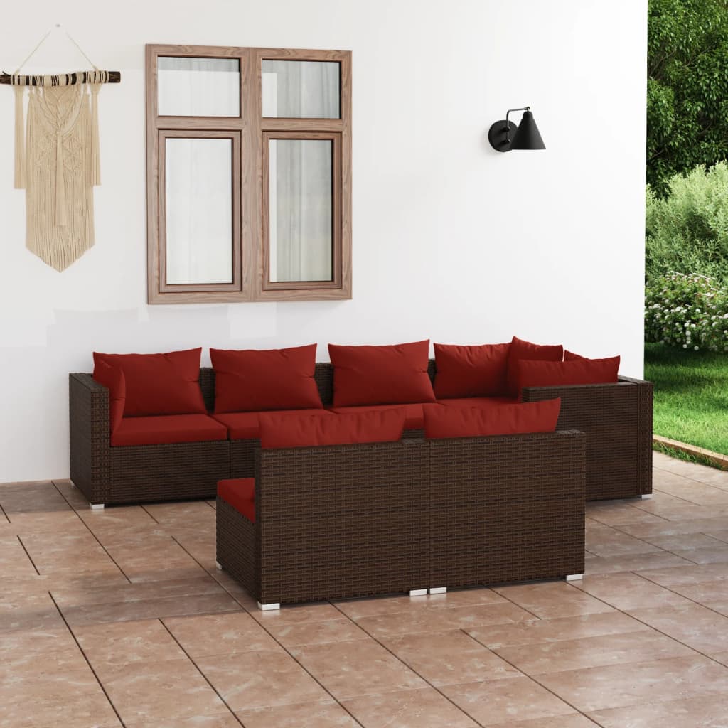 7-delige Loungeset met kussens poly rattan bruin – afbeelding 1