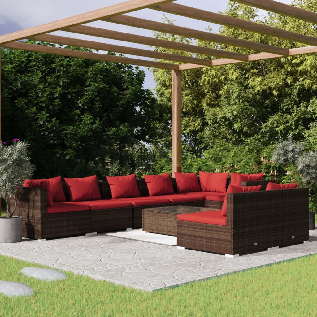 9-delige Loungeset met kussens poly rattan bruin – afbeelding 1