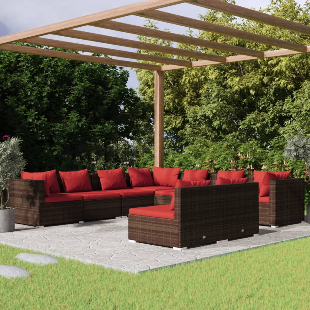 9-delige Loungeset met kussens poly rattan bruin – afbeelding 1