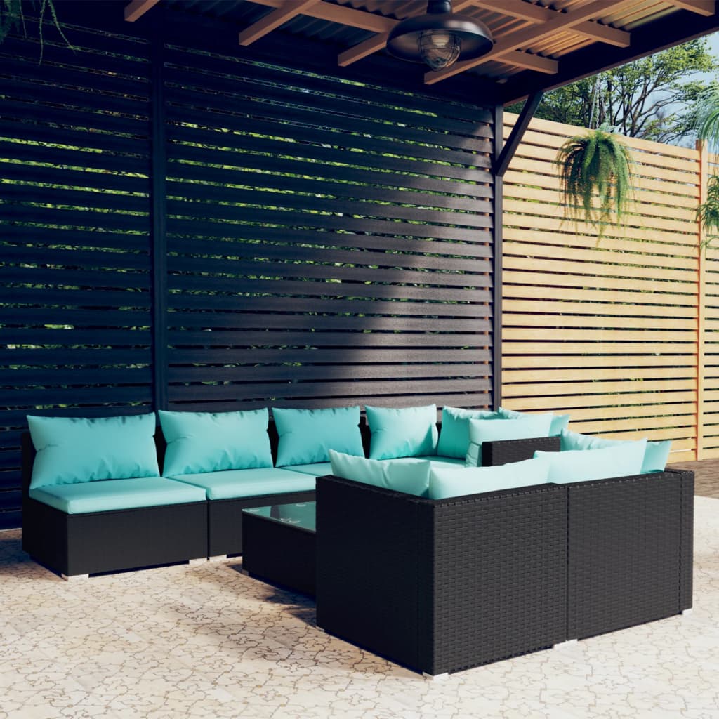 8-delige Loungeset met kussens poly rattan zwart – afbeelding 1