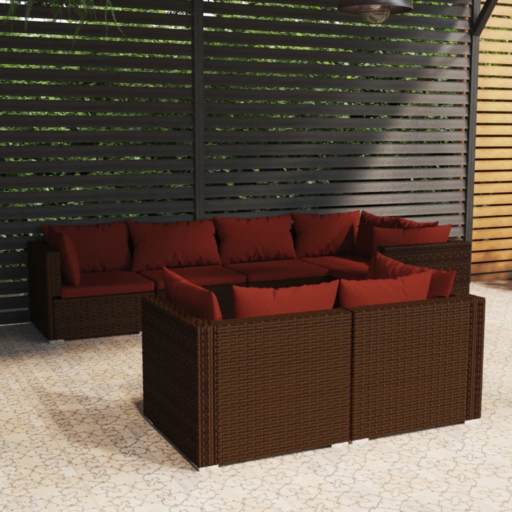 7-delige Loungeset met kussens poly rattan bruin – afbeelding 1