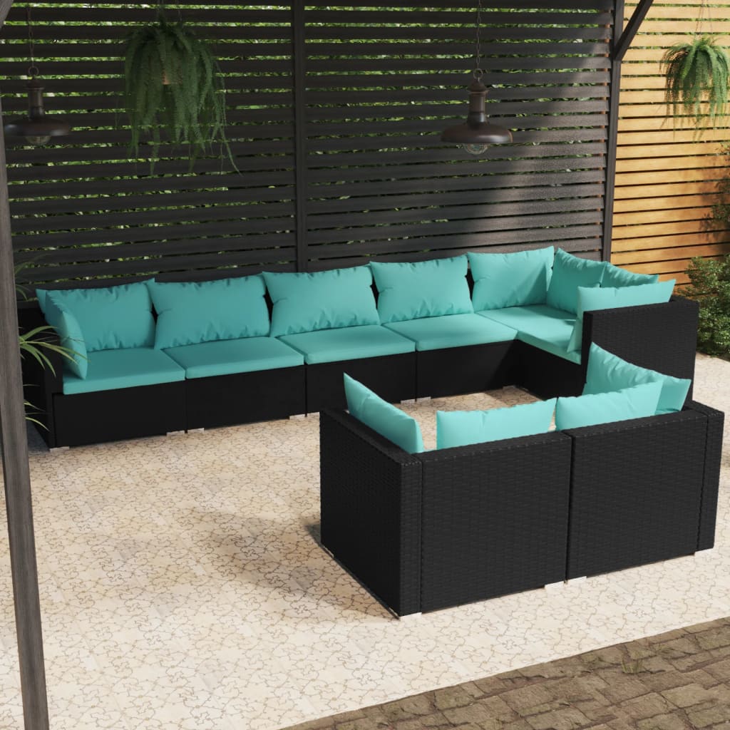 8-delige Loungeset met kussens poly rattan zwart – afbeelding 1