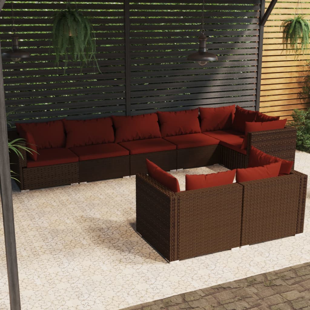 8-delige Loungeset met kussens poly rattan bruin – afbeelding 1