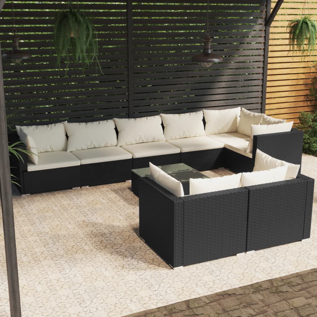 9-delige Loungeset met kussens poly rattan zwart – afbeelding 1