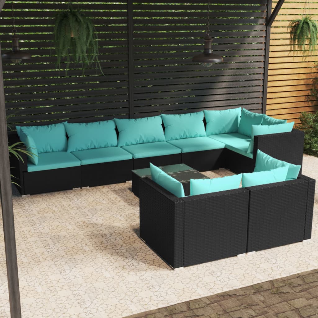 9-delige Loungeset met kussens poly rattan zwart – afbeelding 1