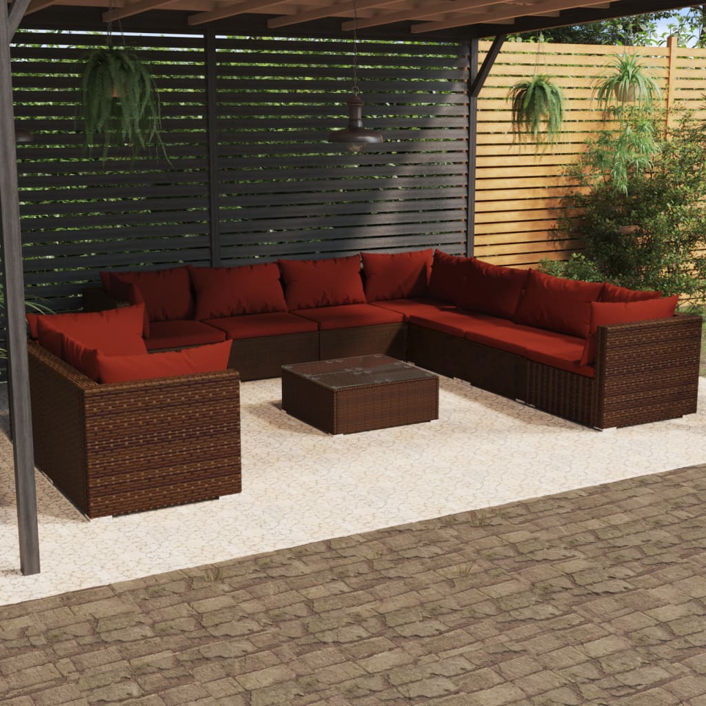 10-delige Loungeset met kussens poly rattan bruin – afbeelding 1