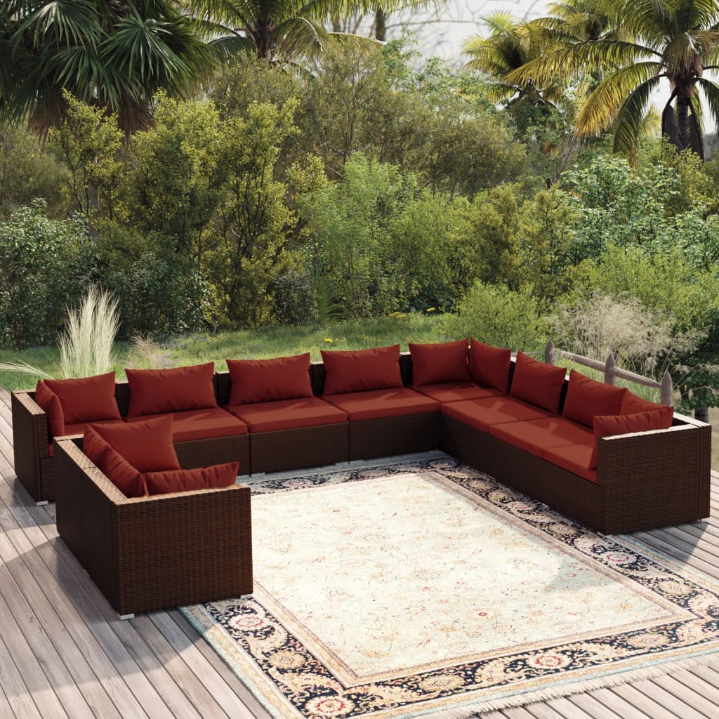 10-delige Loungeset met kussens poly rattan bruin