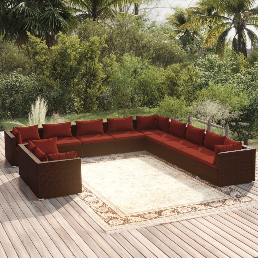 11-delige Loungeset met kussens poly rattan bruin – afbeelding 1