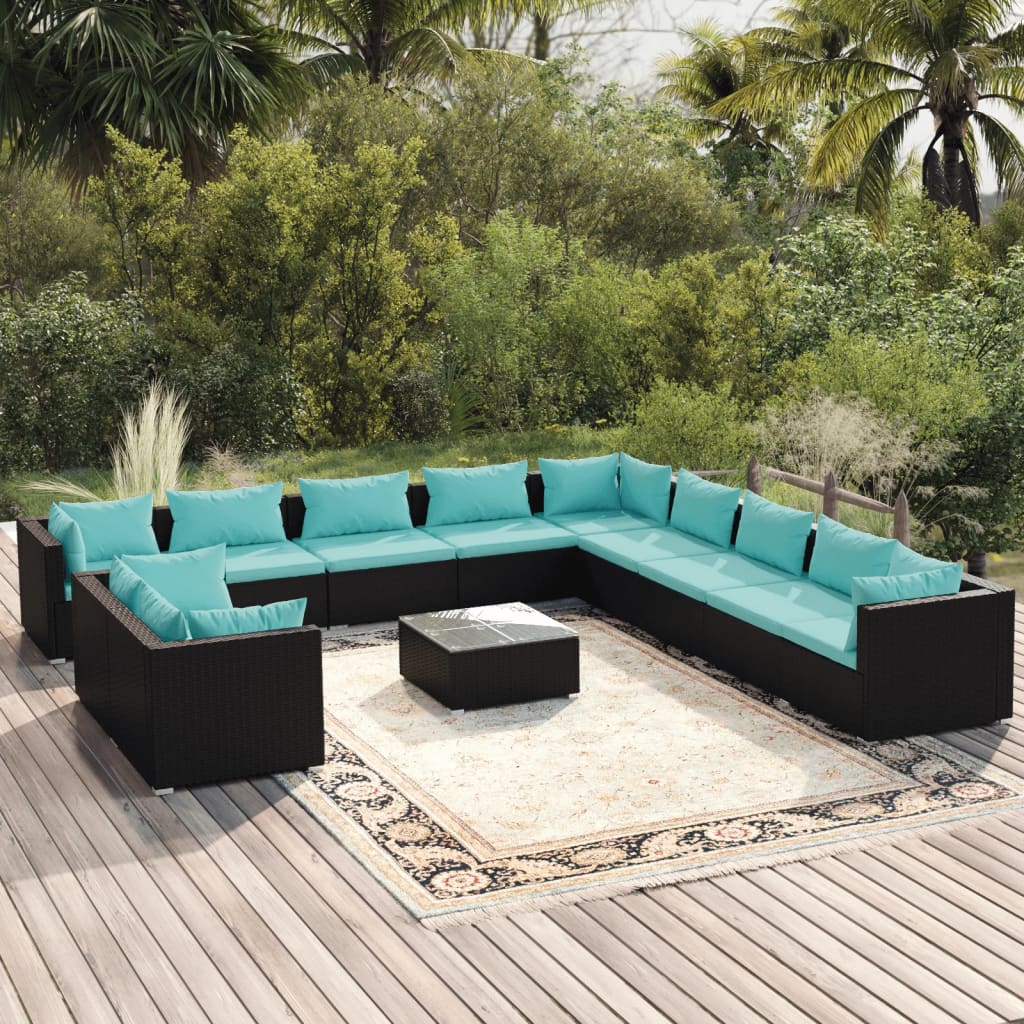 12-delige Loungeset met kussens poly rattan zwart – afbeelding 1