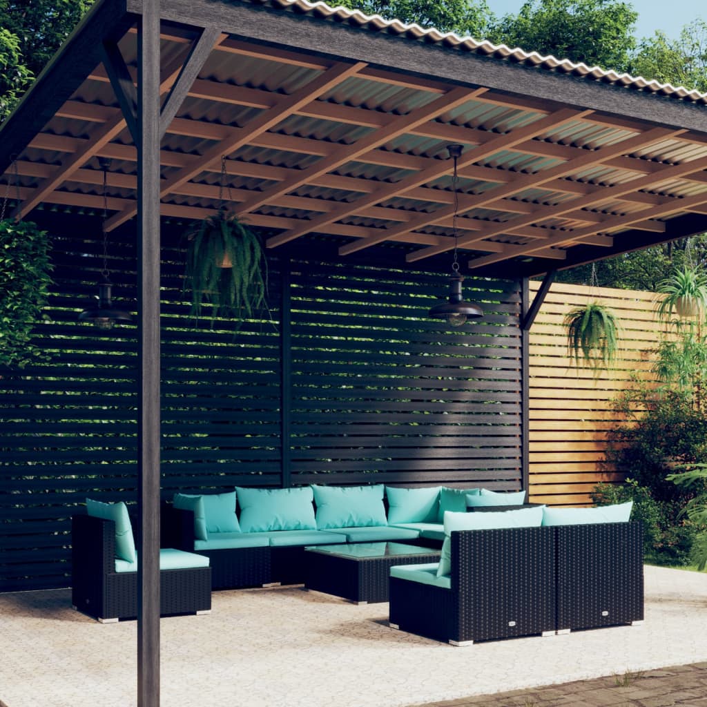 9-delige Loungeset met kussens poly rattan zwart – afbeelding 1