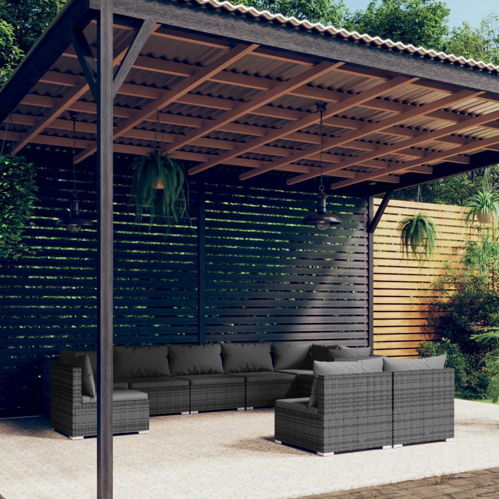 9-delige Loungeset met kussens poly rattan grijs