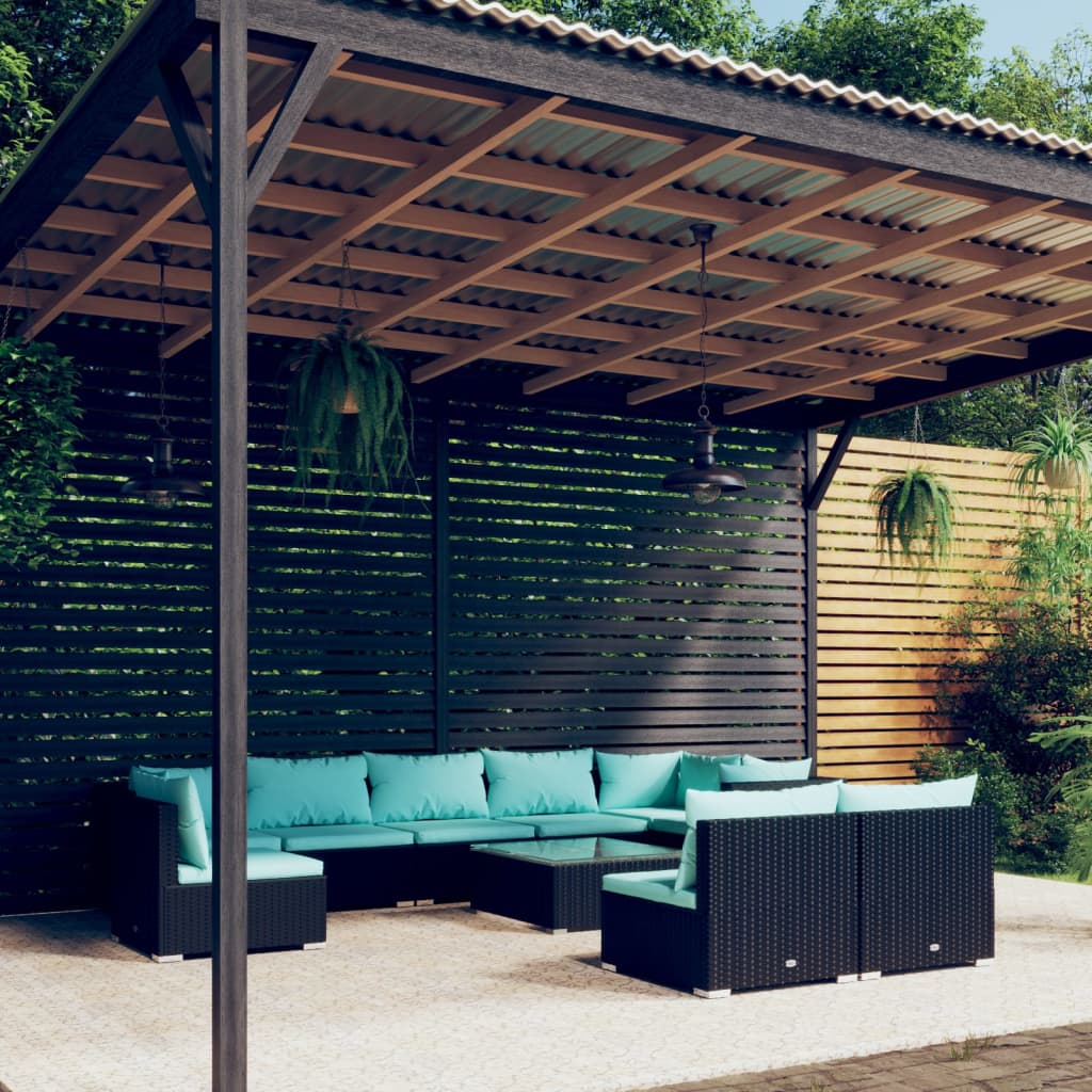 10-delige Loungeset met kussens poly rattan zwart – afbeelding 1