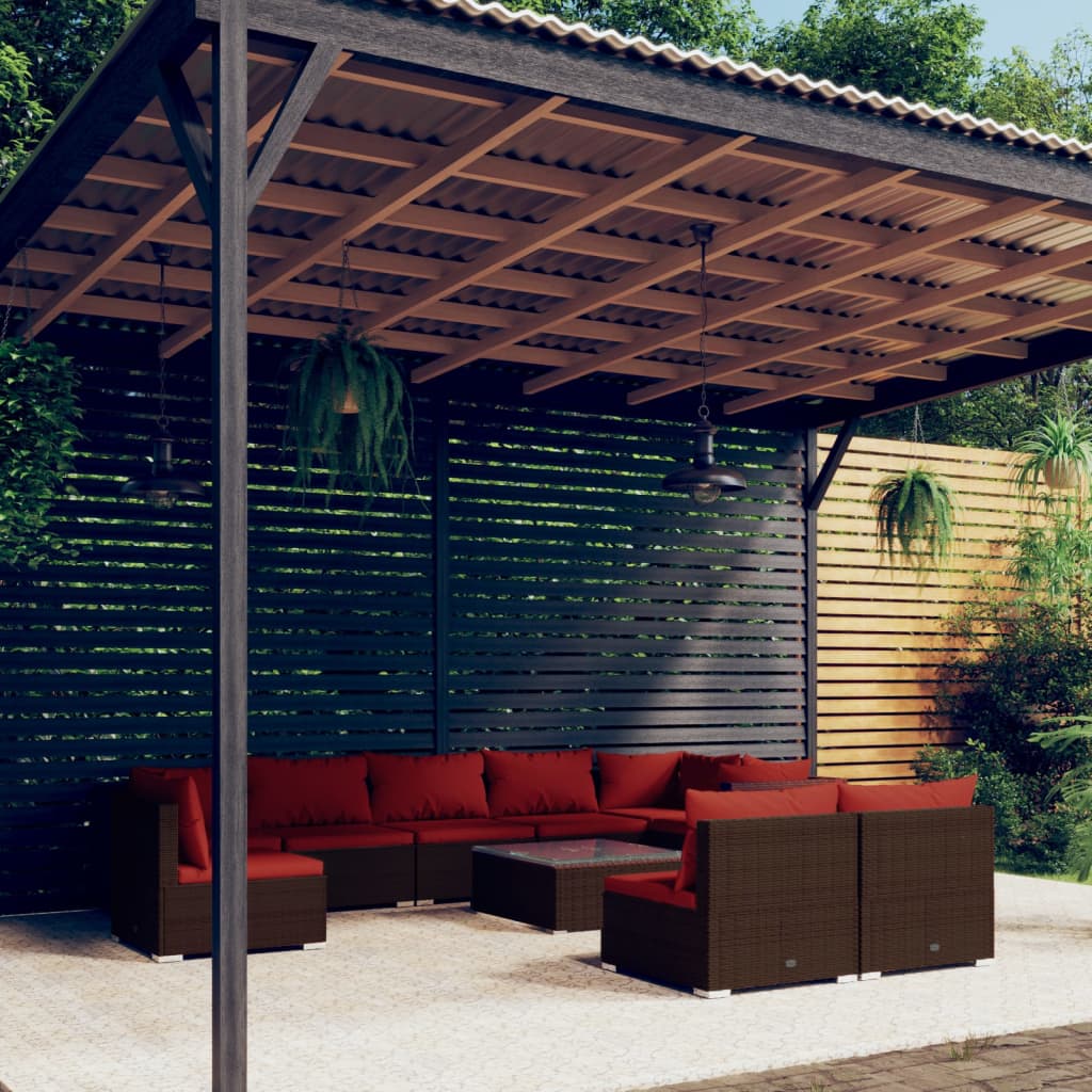 10-delige Loungeset met kussens poly rattan bruin