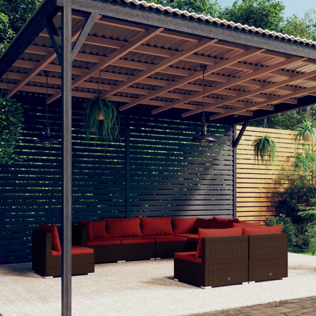 9-delige Loungeset met kussens poly rattan bruin – afbeelding 1