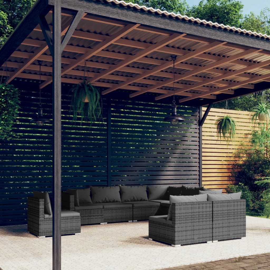 9-delige Loungeset met kussens poly rattan grijs
