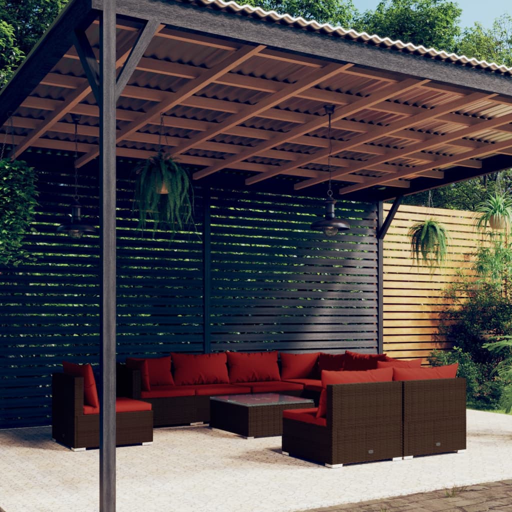 10-delige Loungeset met kussens poly rattan bruin – afbeelding 1