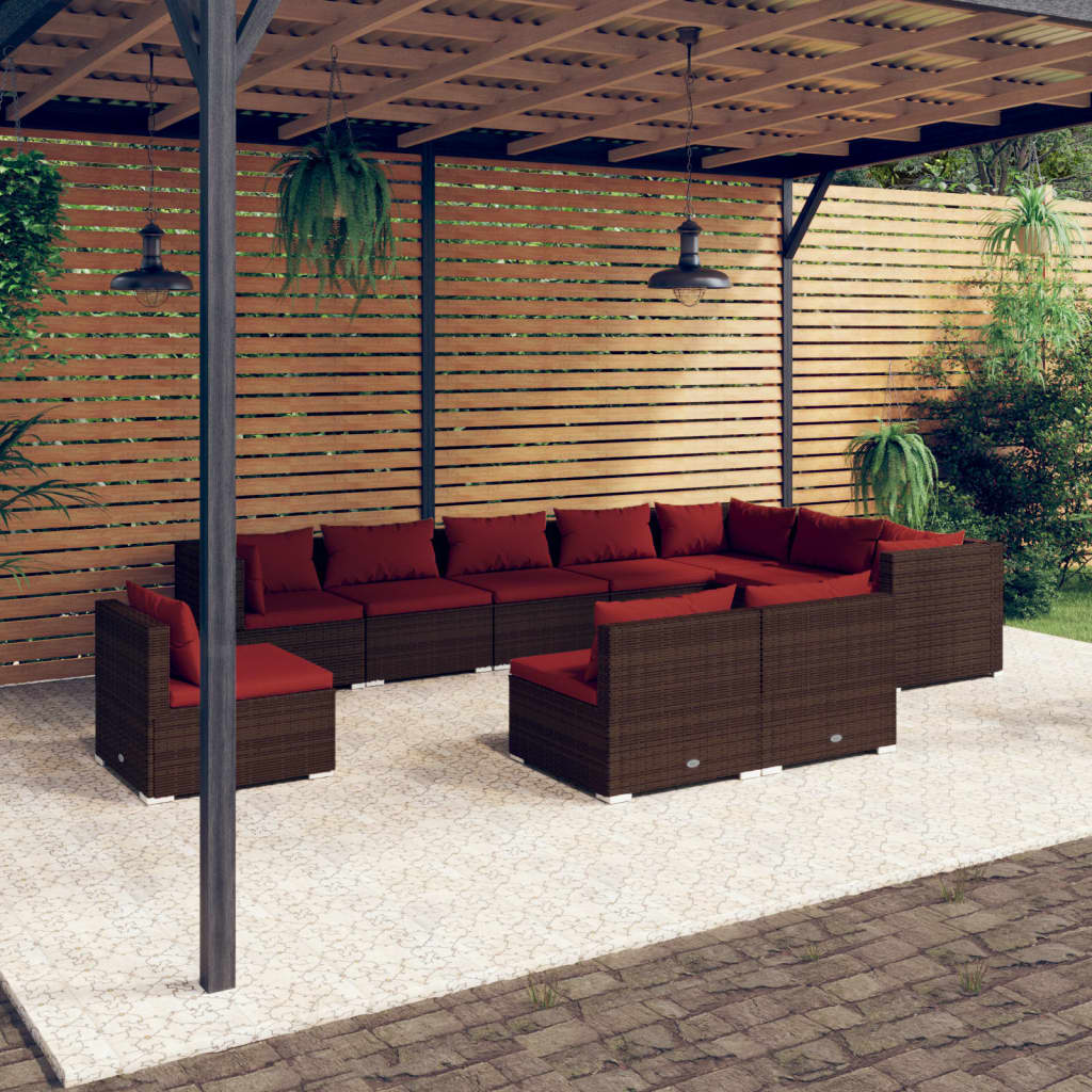 10-delige Loungeset met kussens poly rattan bruin – afbeelding 1