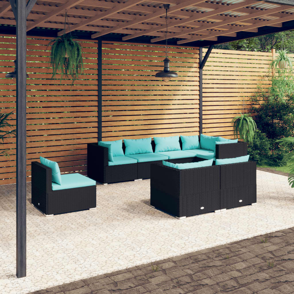 8-delige Loungeset met kussens poly rattan zwart – afbeelding 1