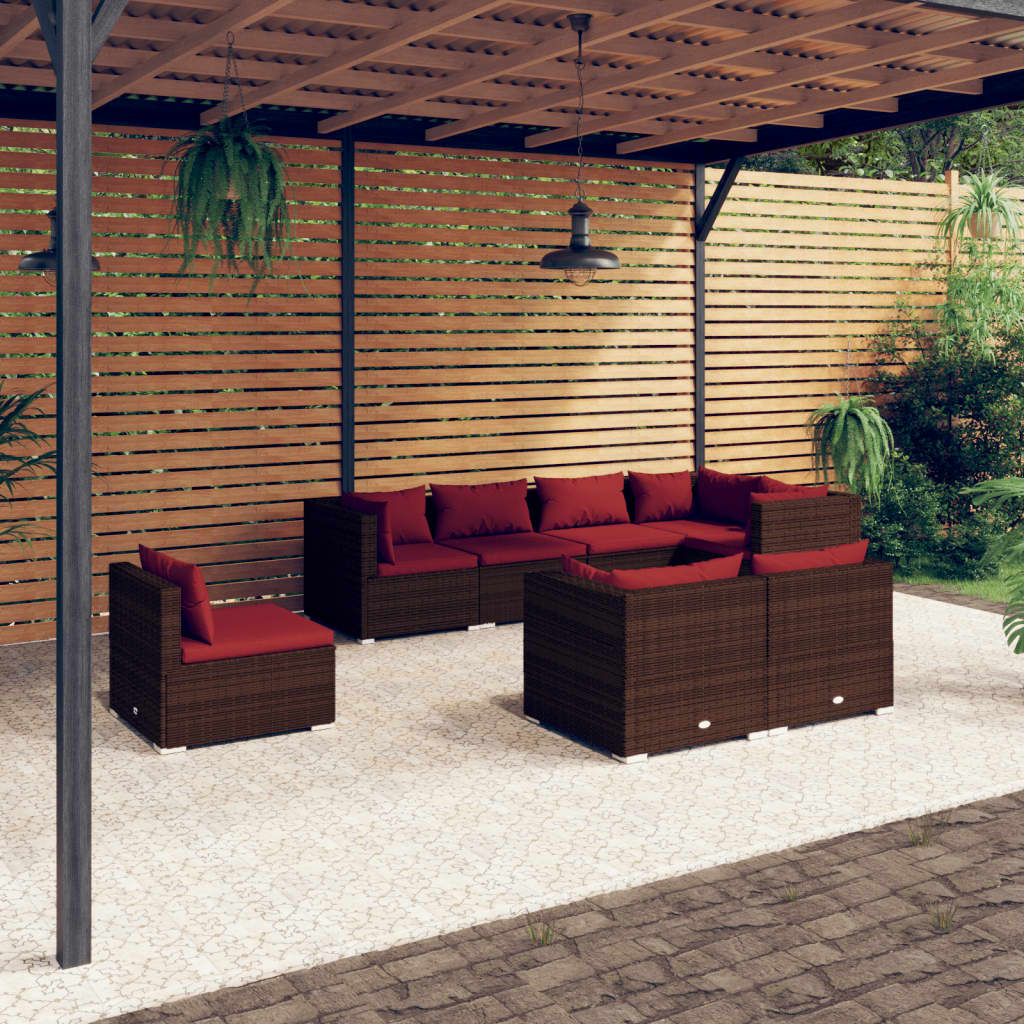 8-delige Loungeset met kussens poly rattan bruin – afbeelding 1