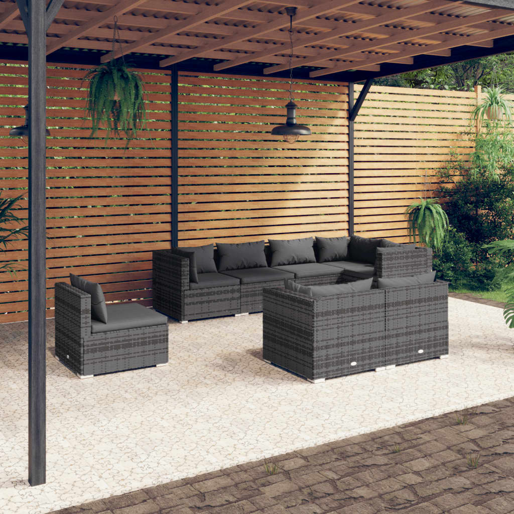 8-delige Loungeset met kussens poly rattan grijs – afbeelding 1