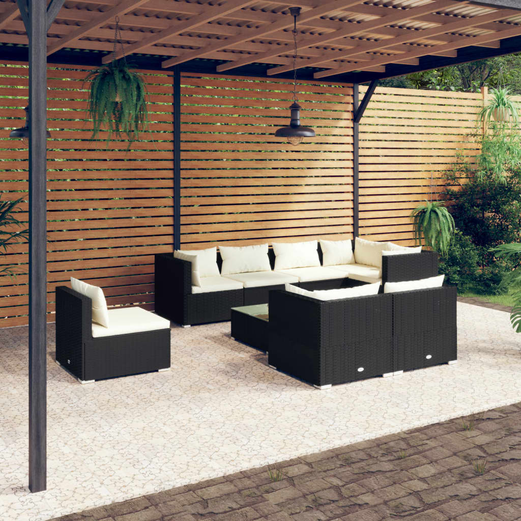 9-delige Loungeset met kussens poly rattan zwart – afbeelding 1