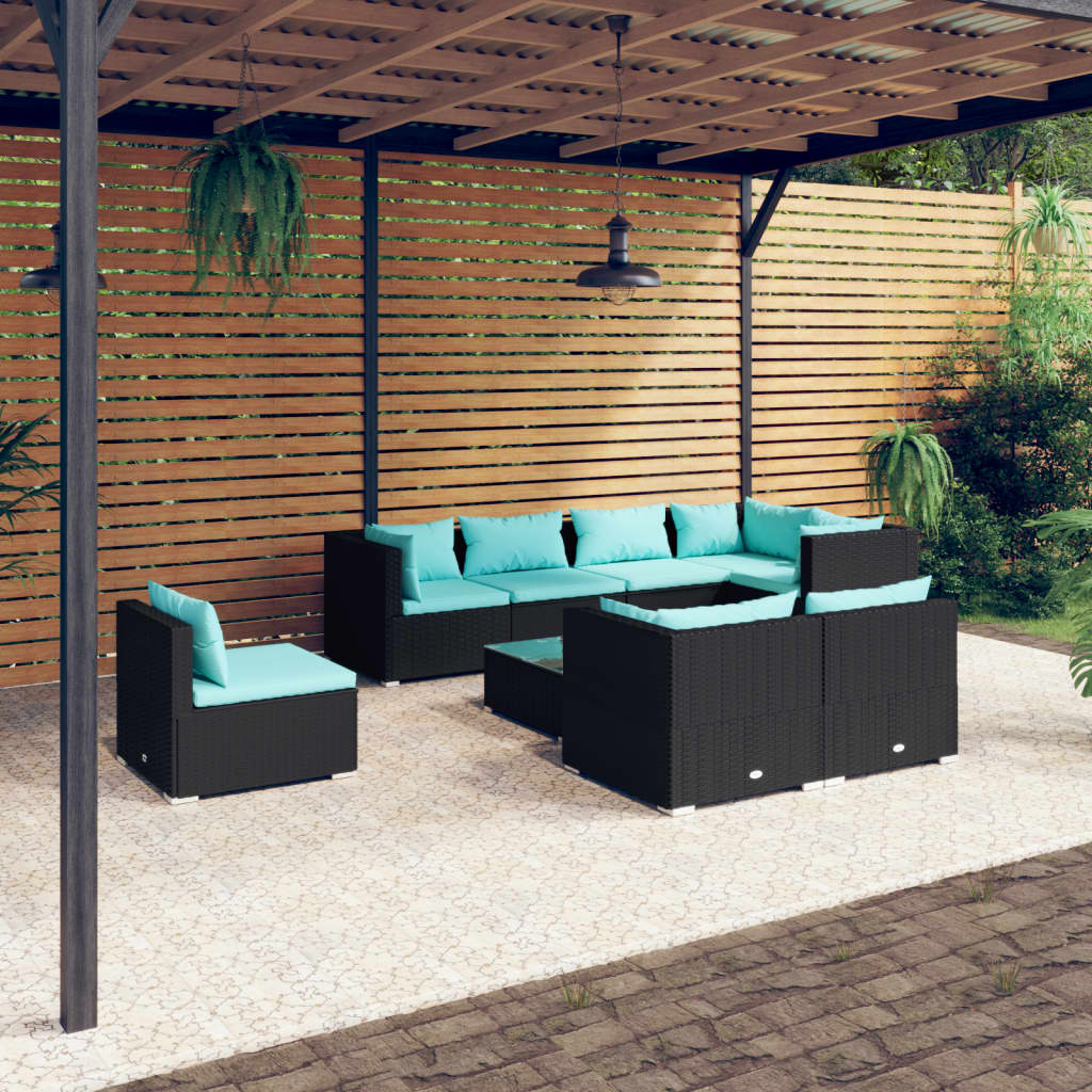 9-delige Loungeset met kussens poly rattan zwart – afbeelding 1