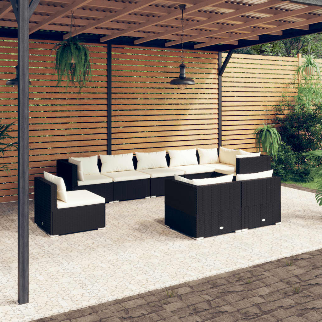 9-delige Loungeset met kussens poly rattan zwart – afbeelding 1