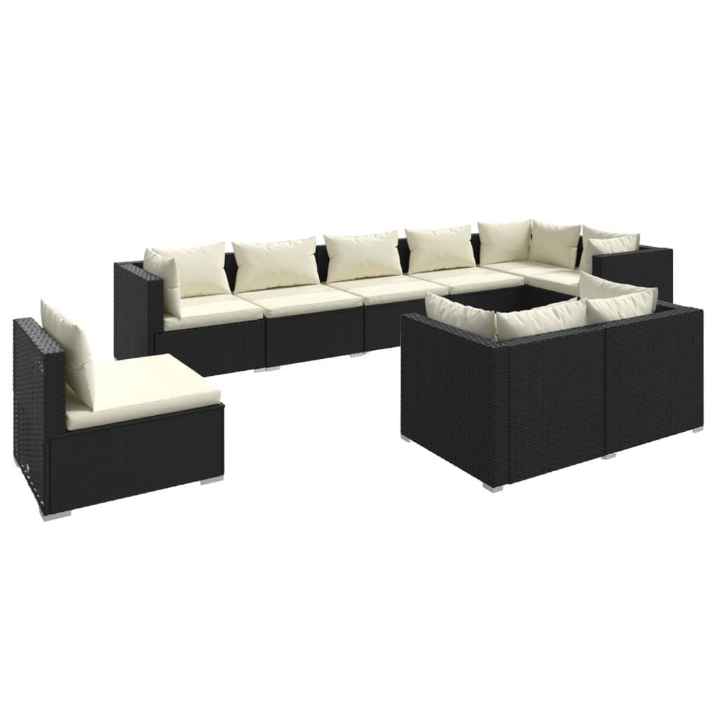 9-delige Loungeset met kussens poly rattan zwart – afbeelding 2