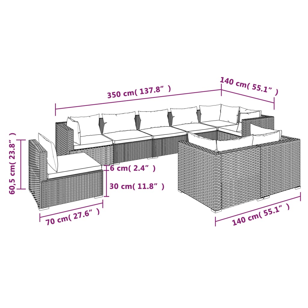 9-delige Loungeset met kussens poly rattan zwart – afbeelding 5