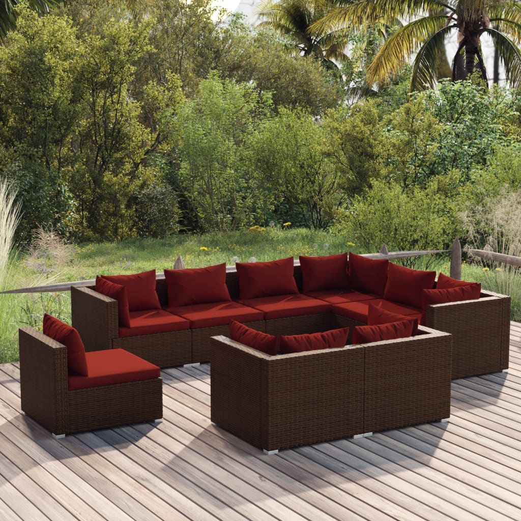 9-delige Loungeset met kussens poly rattan bruin – afbeelding 1