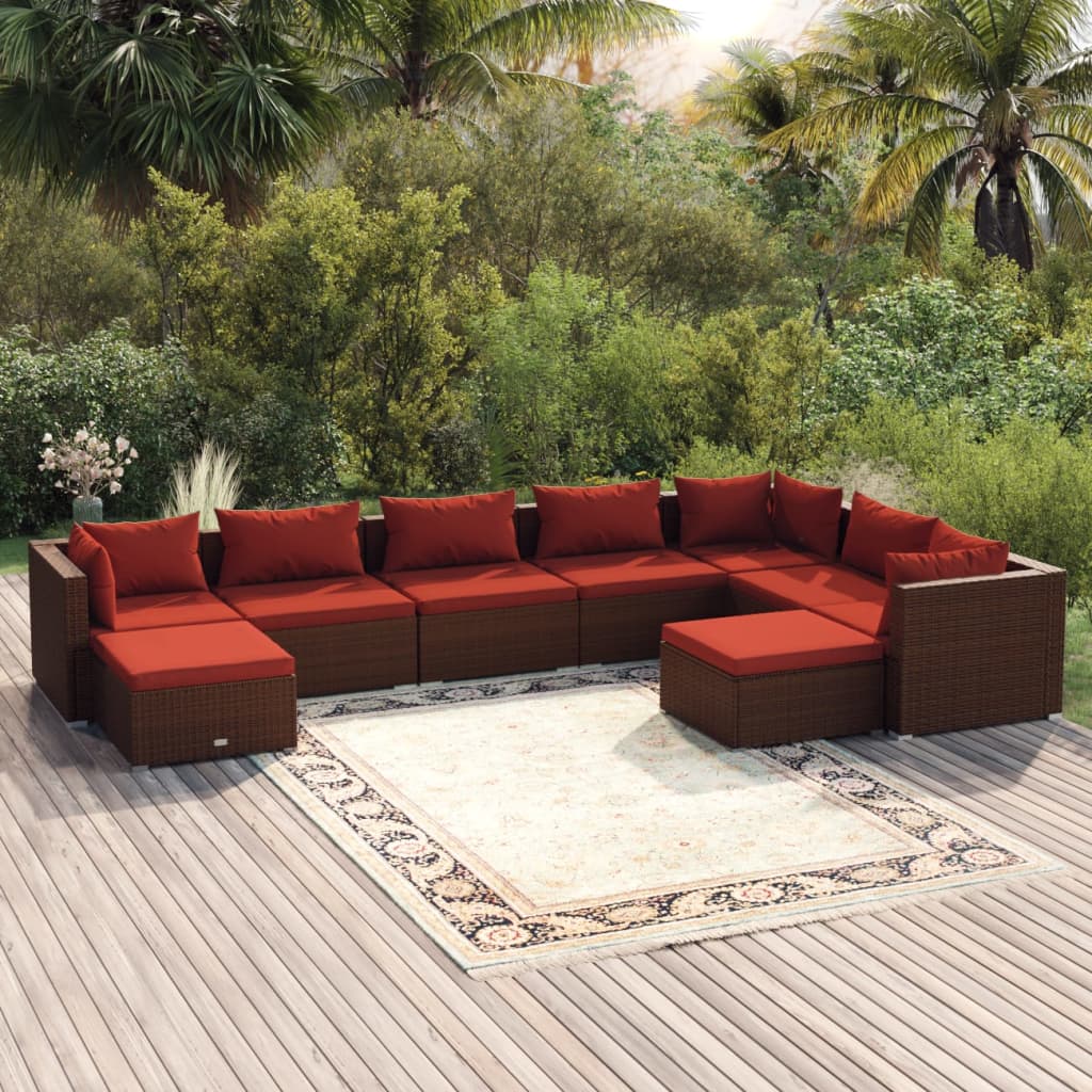9-delige Loungeset met kussens poly rattan bruin – afbeelding 1