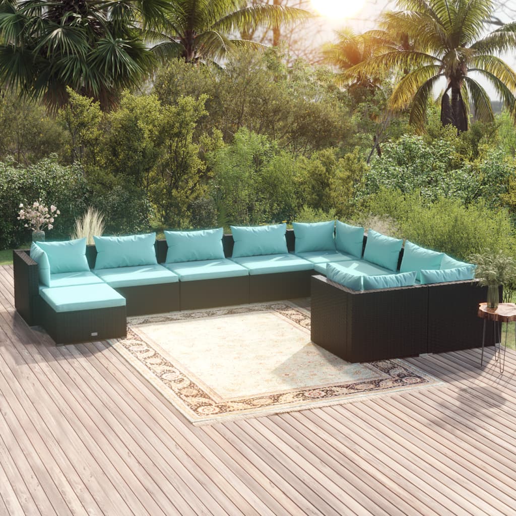 10-delige Loungeset met kussens poly rattan zwart – afbeelding 1