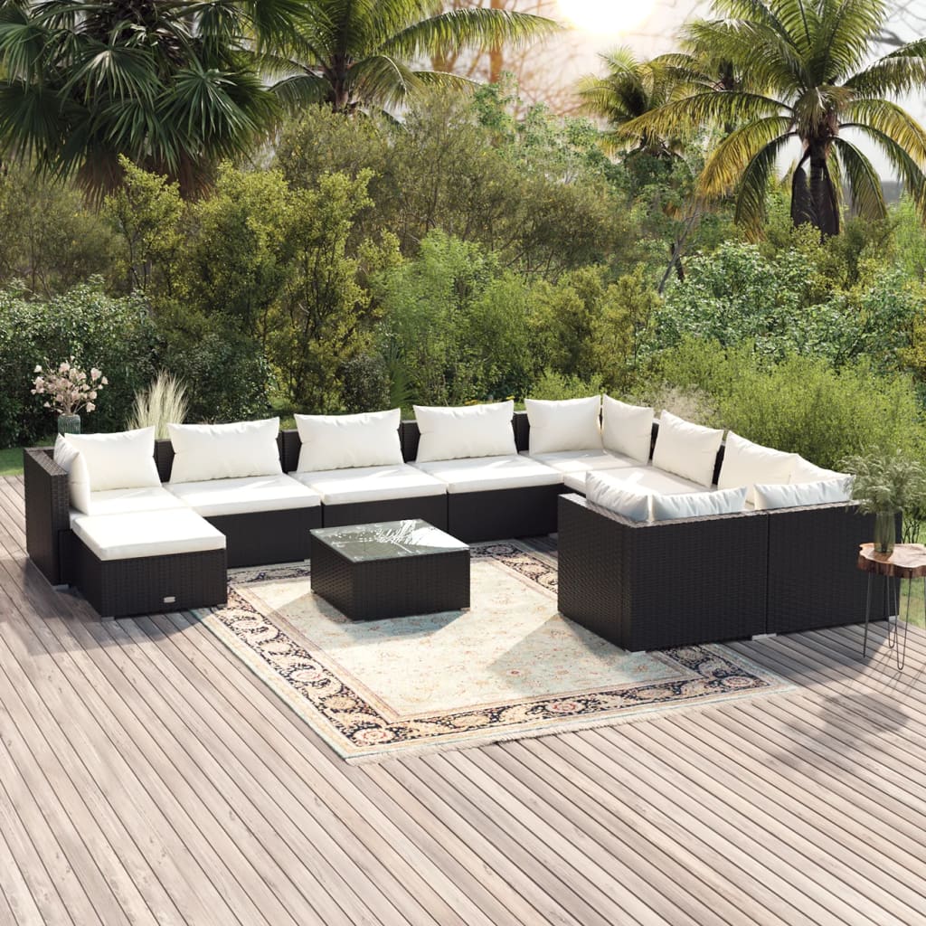 11-delige Loungeset met kussens poly rattan zwart – afbeelding 1